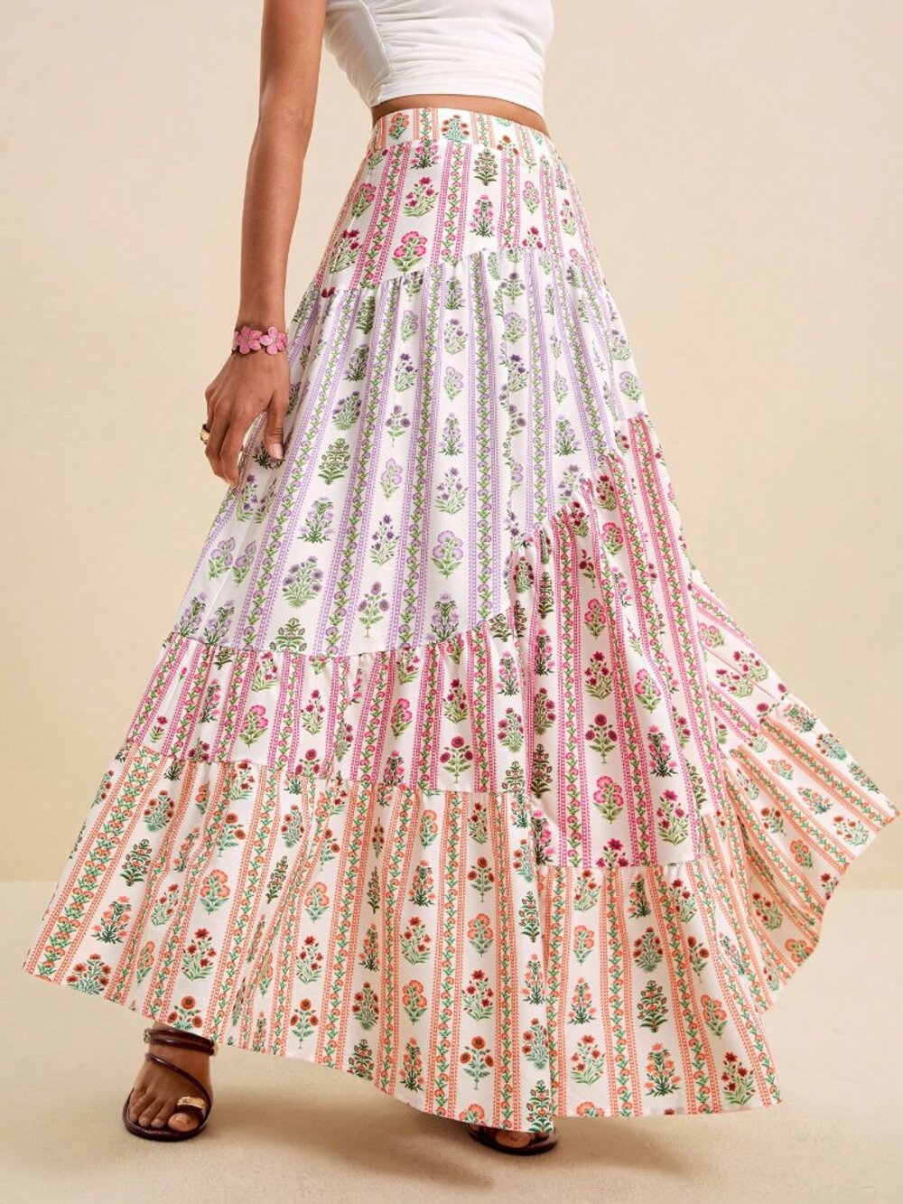 Multicolor Boho Women's Pleated High Waisted A Line Slit Maxi Skirt - Picture 3 of 9